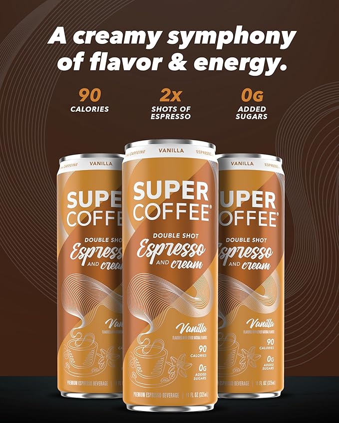 SUPER COFFEE Espresso, Iced Keto Coffee (0g Added Sugar, 90 Calories) [Vanilla] 11 Fl Oz, 12 Pack | Smart Coffee Drink - SoyFree GlutenFree