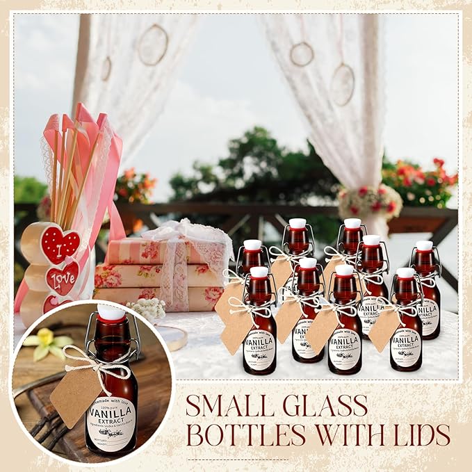 Vesici 12 Sets Swing Top Glass Bottles Set Amber Homemade Vanilla Extract Bottles with Stoppers Stickers Caps Jar Brush Funnel Rope Labels Vanilla Extract Jars for Holiday DIY Crafts (8 oz)