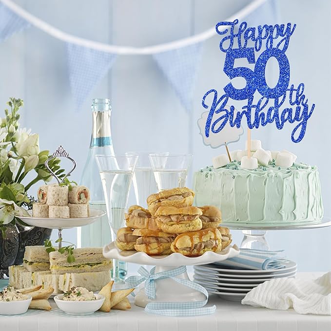1 PCS Happy 50th Birthday Cake Topper Glitter Cheers to 50 Years Birthday Cake Pick Fifty Hello 50 Fabulous Cake Decoration for Happy 50th Birthday Anniversary Party Decorations Supplies Blue