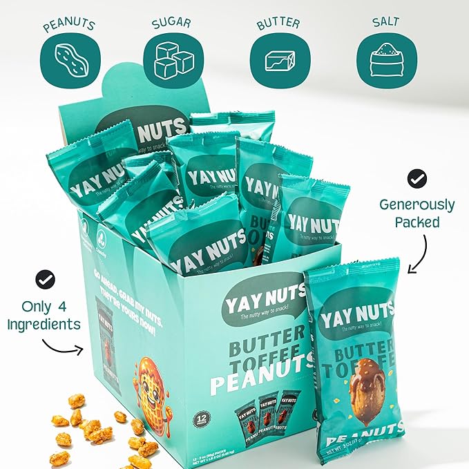YAY NUTS Butter Toffee Peanuts ??Sweet & Salty Crunchy Roasted Peanuts Coated in Caramelized Butter Toffee - All-Natural, Made in USA ??Guilt-Free Treats for On-the-Go Snacking - 12-Pack of 2oz Bags