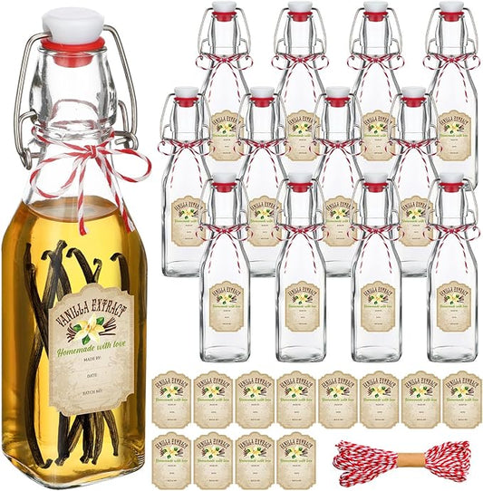 Uiifan 12 Pcs 8 oz Swing Top Clear Square Glass Bottles for Vanilla Extract with Caps and Cotton Twines Label Flip Top Glass Beer Bottle for Home Vanilla Brew Oil Vinaigrettes Beer Tea Supply