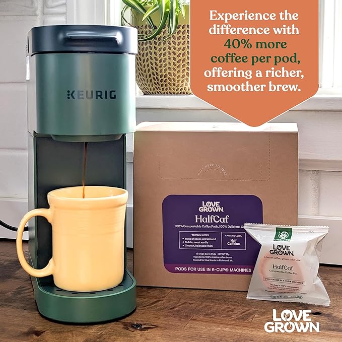 Love Grown Compostable Coffee Pods - Compatible with Single-Serve Brewing Machines - 100% Arabica Beans, Plastic-Free, Gluten-Free, Non-GMO - Decaf, Box of 15