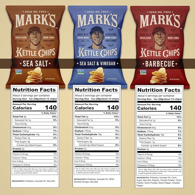MARK???Kettle Cooked Avocado Oil Potato Chips, Variety Pack ??Seed Oil & GMO Free | 3-Flavor Variety Pack, 5 oz (Pack of 3) | Gluten Free, Non-GMO Chips for Clean & Healthy Snacking