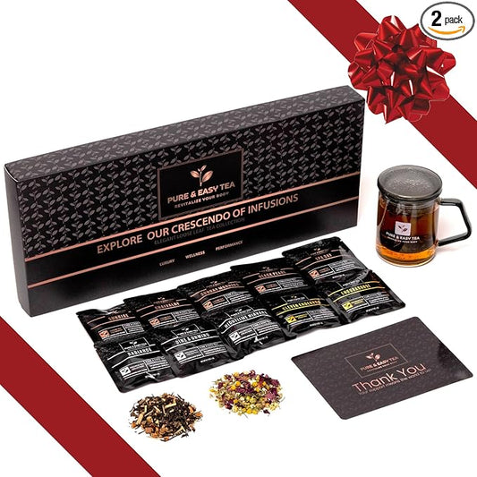 Pure And Easy Tea, Premium Tea Sampler Gift Box & Tea Infuser Brewing Mug, Tea Lovers Dream, 30 Count Tea Collection Makes 60 Cups