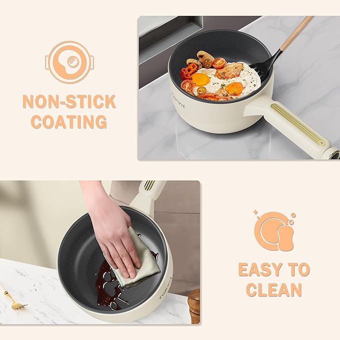 TOPWIT Hot Pot Electric with Steamer, 2L Multifunctional Electric Pot, Non-Stick Saut챕 Pan, Portable Pot for Steak, Fried Rice, Ramen, Soup with Dual Power Control (Silicone Spatula Included), Beige