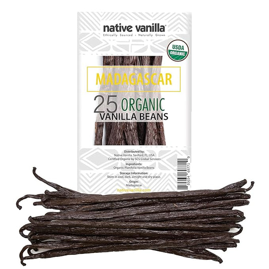 25 Organic Madagascar Vanilla Beans - Gourmet Grade A Premium Vanilla Pods - For Vanilla Extract & Baking - For Cooking, Desserts & More - 100% Vegan & Kosher - Non-GMO & Gluten-Free - Native Vanilla