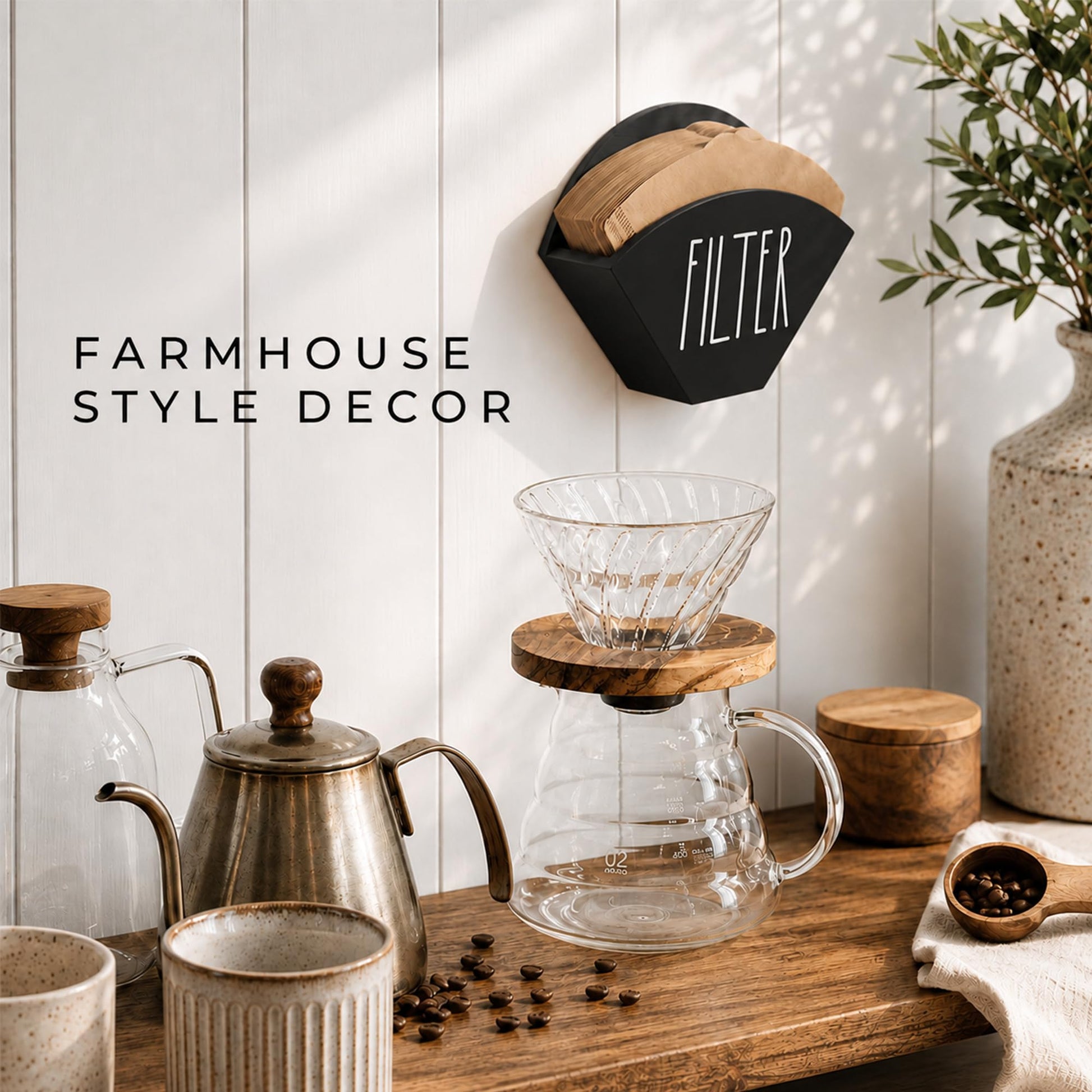 CHONIC Wood Coffee Filter Holder, Farmhouse Cone Filter Storage Organizer, Wall Mount Coffee Bar &