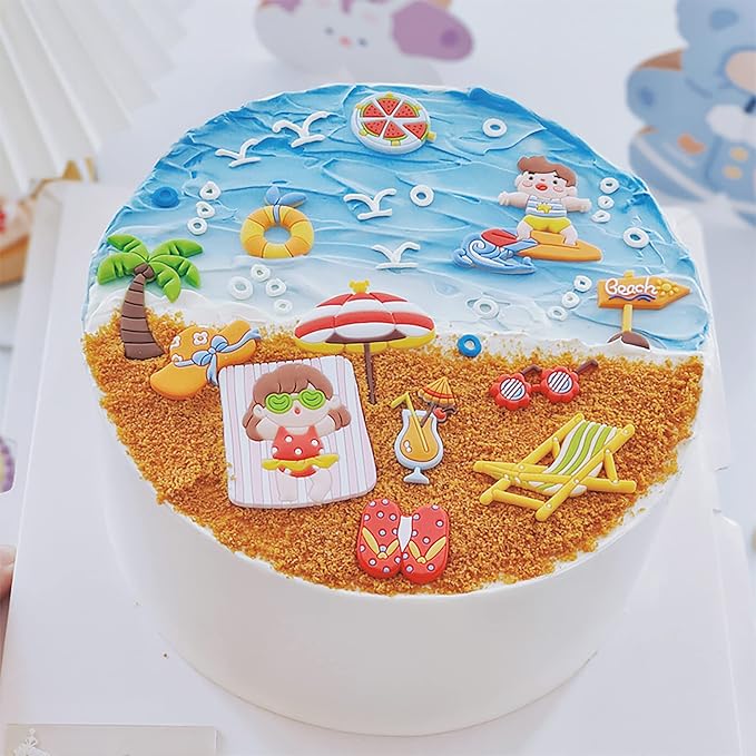 Gyufise 12Pcs Summer Beach Hawaii Cupcake Toppers Sun Umbrella Ball Diving Coconut Watermelon Sunglasses Slippers Cupcake Picks Baby Shower Hawaii Pool Theme Birthday Party Cake Decorations
