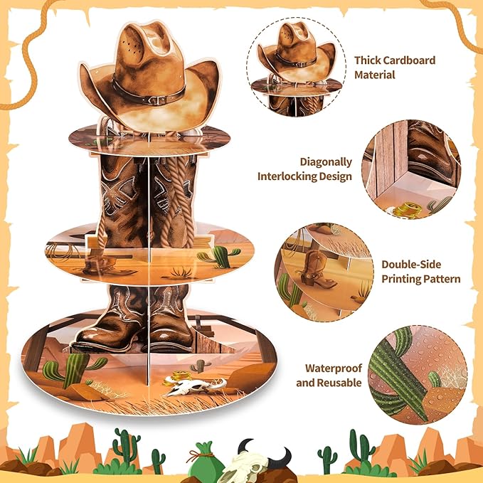 2 Pack Western Cowboy Cupcake Stand Western Party Decorations Wild West Cupcake Holder Cowboy Party Decorations for Boys Birthday Western Theme Baby Shower Supplies