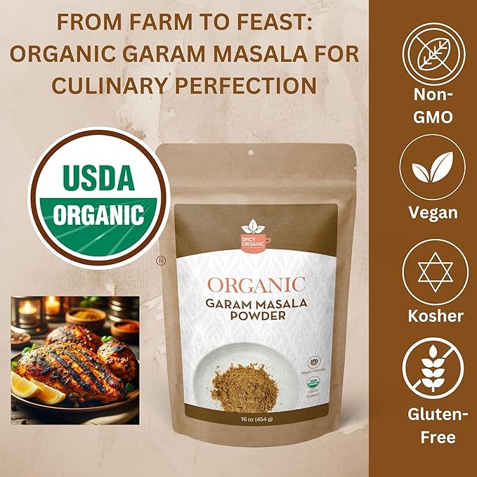 SPICY ORGANIC Garam Masala 4oz - Indian Spice Blend with Cardamom, Cinnamon & Cloves - All Natural, Non-GMO, Kosher, Vegan - Perfect Organic Seasoning for Biryani, Chaat, Tandoori Chicken Tikka