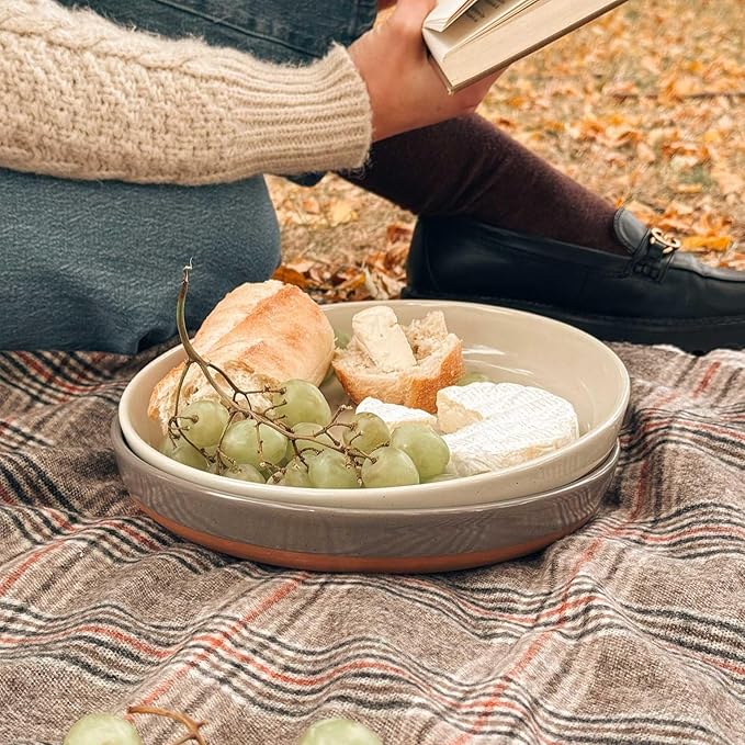Mora Ceramic Flat Pasta Bowl Set of 4-35oz, Microwave Safe Plate with High Edge for Kitchen and Eating, Large Wide Bowls/Plates for Serving Dinner, Salad, etc- Neutrals