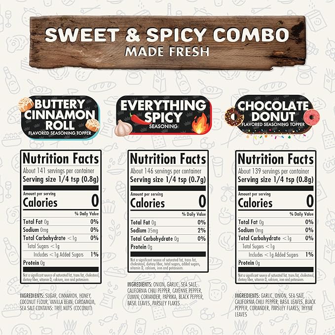 Sweet & Spicy Combo Pack of 3, Spices, Toppers and Seasoning Gift Set - Everything Spicy, Buttery Cinnamon Roll & Chocolate Donut - Premium All Natural & Healthy Spice Blend - Flavor God Seasonings