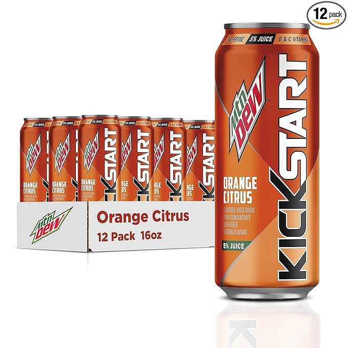Mountain Dew Kickstart, Orange Citrus, 92mg Caffeine, Vitamins B & C, 80 Calories, 5% Juice, 16 Fl Oz (Pack of 12)