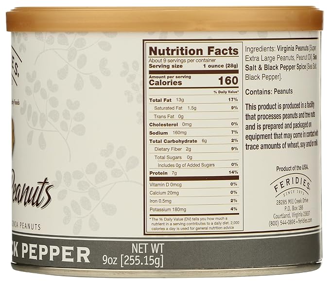 FERIDIES Salt and Pepper Peanuts, Super Extra Large Salted Virginia Peanuts, 9oz CAN