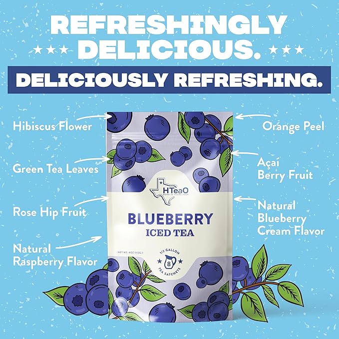 HTeaO Blueberry Green Tea – Texas-Style Flavored Iced Tea Bags for Summer – Instant Ice Tea Packets for Quick Brew - Loaded Tea Sachets Ready in 5 Minutes (8-Count, Makes 4 Gallons Total)