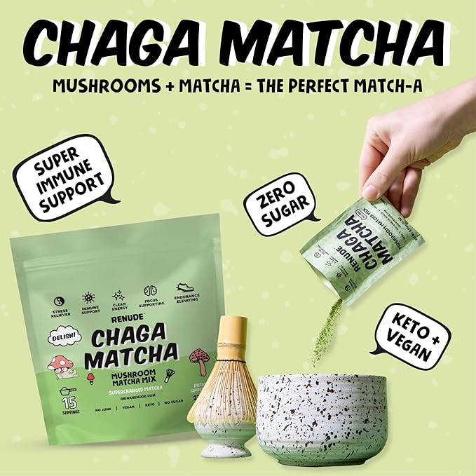 Renude Chaga Matcha - Chaga Mushroom Powder, Superfood Drink Mix with Adaptogens, Ceremonial Grade Mushroom Matcha, Keto, Vegan, Sugar Free, Natural Energy and Immune Support - 30 Servings