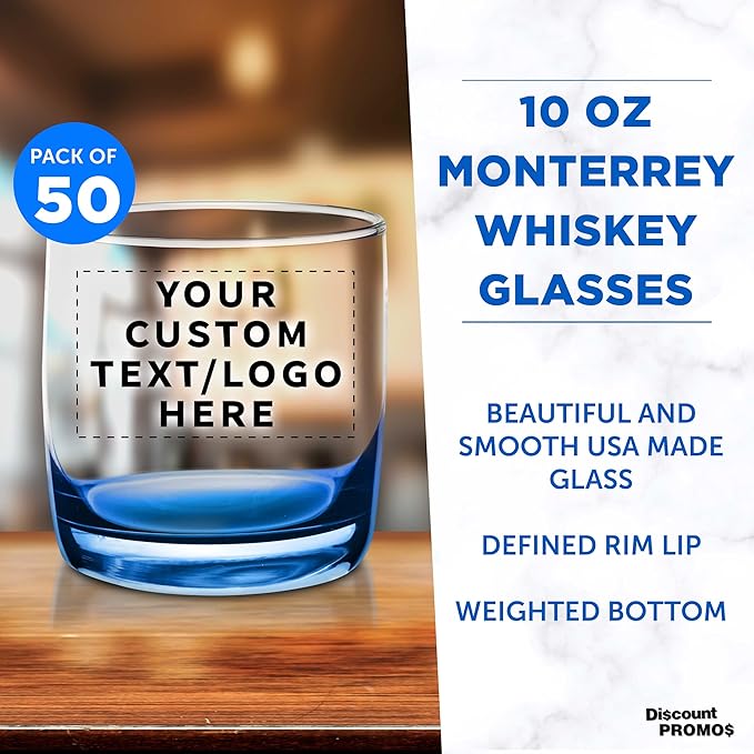 DISCOUNT PROMOS Custom Whiskey Glasses 10 oz Set of 50, Personalized Bulk Pack - Heavy Base Old Fashioned Glass, Perfect for Scotch, Bourbon, Whiskey, Cocktail - Blue Bottom Color
