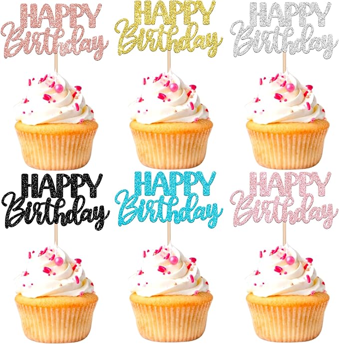 30 PCS Happy Birthday Cupcake Toppers Glitter Happy Birthday Cupcake Picks for Celebrating Birthday Anniversary Theme Party Cake Decorations Supplies Mixed 6 Colors