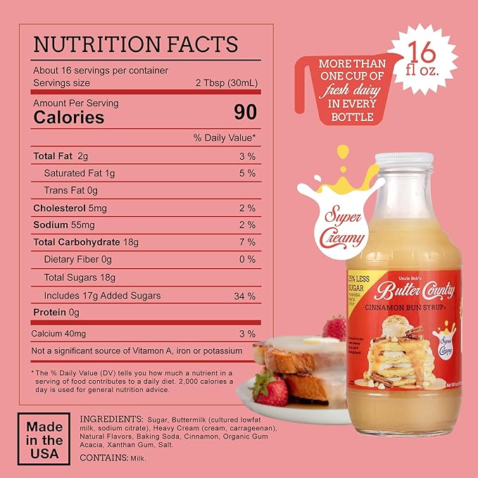 Uncle Bob's Butter Country Rich & Creamy Cinnamon Bun Flavored Buttermilk Syrup for Pancakes, Waffles, French Toast, & More, No Corn Syrup, Gluten Free, 16 fl oz Bottle/4 Pack