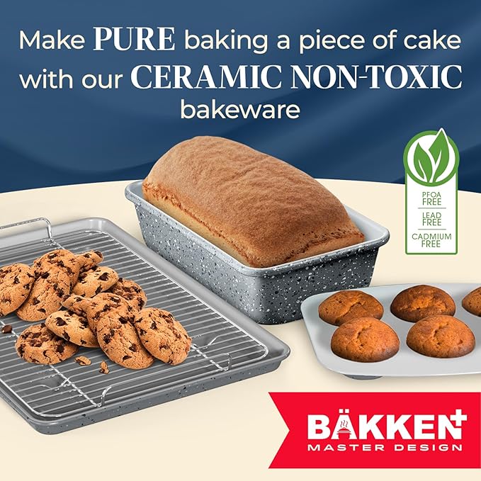 Bakken 8-Piece Stackable Bakeware Set - Ceramic Non-Stick Coating, Baking Sheets, Assorted Baking Pans, PTFE, PFOA & PFOS Free - Healthy Baking, Ergonomic Handles, Cooling Rack, Non-Toxic, Oven-Safe