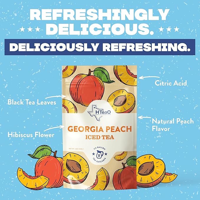 HTeaO Georgia Peach & Hibiscus Black Tea – Texas-Style Flavored Iced Tea Bags for Summer – Instant Ice Tea Packets for Quick Brew - Loaded Tea Sachets Ready in 5 Minutes (8-Count, Makes 4 Gallons Total)