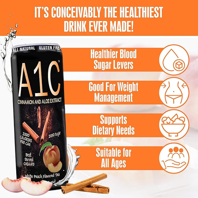 A1C Sugar-Free White Peach Flavored Iced Tea – Zero Calorie Drink with Aloe & Cinnamon Extracts, No Sodium, No Caffeine, Zero Sugar Iced Tea, Made in USA, Refreshing Canned Drink, 12 fl oz (24 Pack)