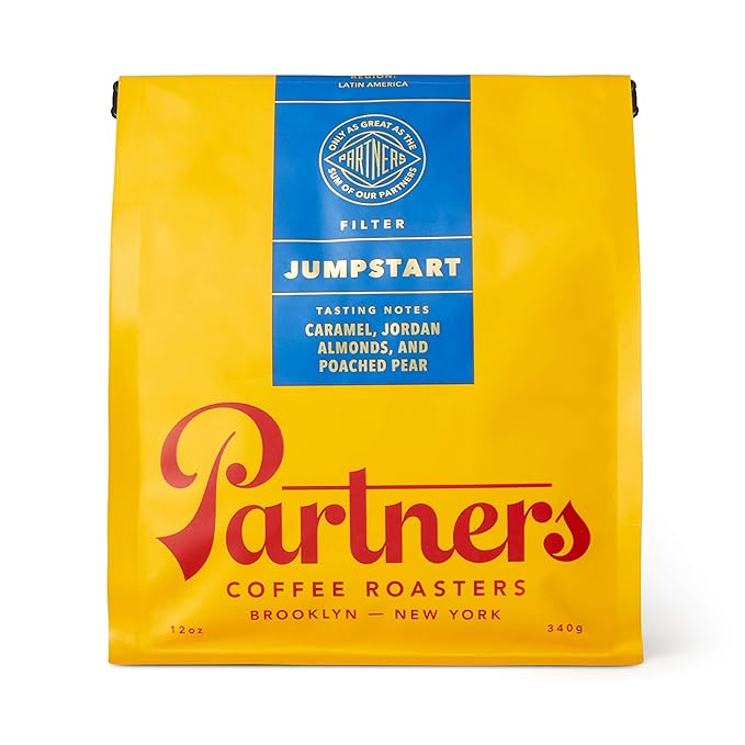 PARTNERS COFFEE ROASTERS - Whole Bean Coffee (Jumpstart - Medium-Light Roast) 12oz - Full Bodied & Packed With Flavor - Jordan Almond, Caramel, Poached Pear - Coffee Beans - Roasted in New York City