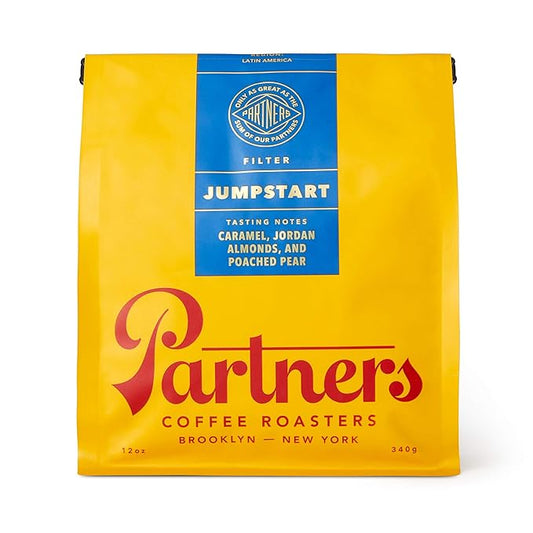 PARTNERS COFFEE ROASTERS - Whole Bean Coffee (Jumpstart - Medium-Light Roast) 12oz - Full Bodied & Packed With Flavor - Jordan Almond, Caramel, Poached Pear - Coffee Beans - Roasted in New York City