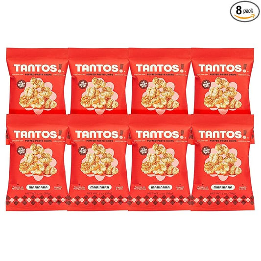 Tantos! Puffed Pasta Chips ??Healthy Pasta Snack by Top Chef Joe Sasto ??Plant-Based, Low Calorie, Crunchy Chips ??Variety Pack ??Marinara, Pesto, Cacio e Pepe, Classico ??Gourmet Bold Flavors (1 oz 8 Pack, Marinara)