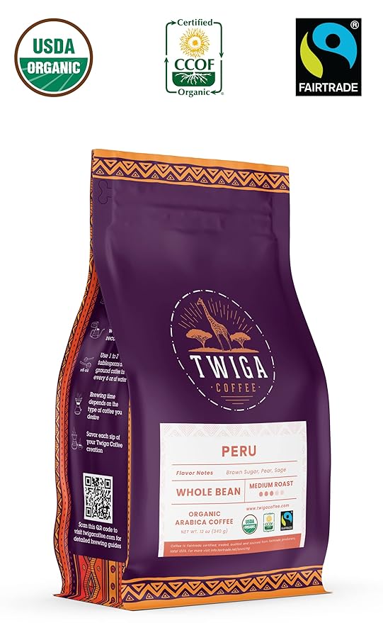 Twiga Coffee Peruvian Coffee Beans ??Medium Roast Arabica Whole Beans with Brown Sugar, Pear & Sage Flavor Notes, Single Origin Freshly Roasted for a Smooth, Flavorful Cup, 12 oz