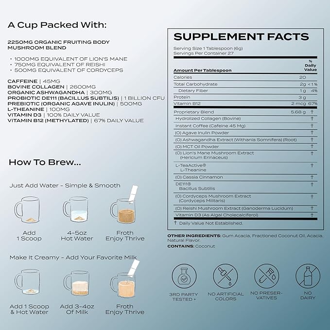 Atlas+ Coffee Superblend??Instant Mushroom Coffee with Lion?™s Mane, Reishi, Cordyceps, Ashwagandha, Probiotics, Vitamin D3 & B12??for Energy, Focus, Immunity & Gut Health??28 Servings (1 Bag)