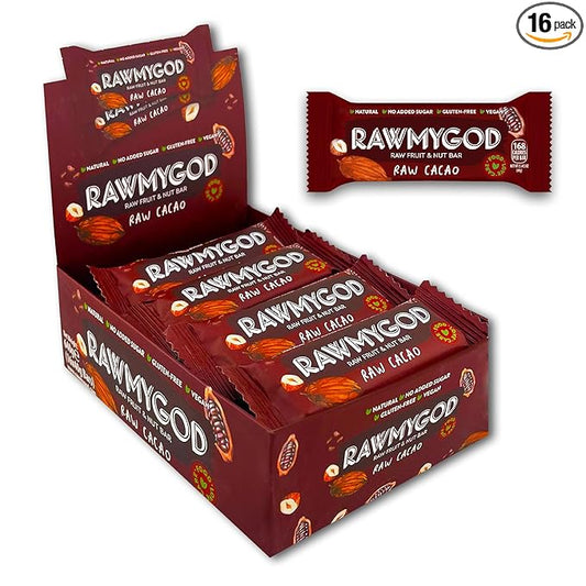 RAWMYGOD Fruit and Nut Bars, Gluten Free, Vegan, No Added Sugar (16 bars, Raw Cacao)