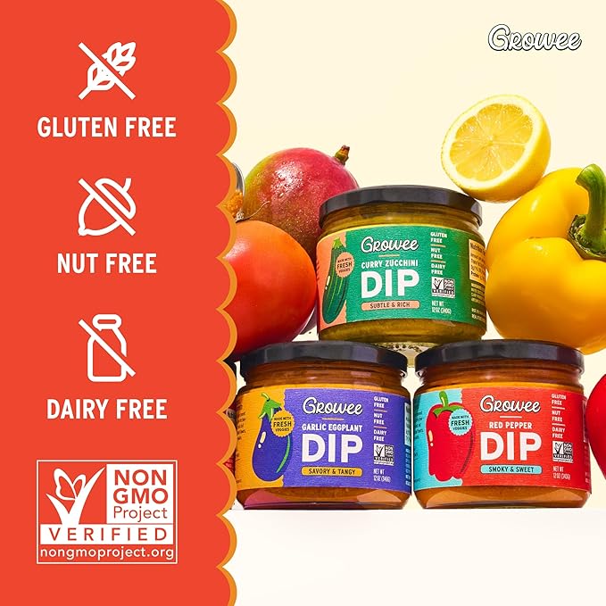Growee Vegan Dip Pack ??Plant-Based Queso, Nut-Free, Mayo & Dressing Alternative ??Dairy-Free & Gluten-Free ??3 Flavor Variety: Red Pepper, Garlic Eggplant, Curry Zucchini