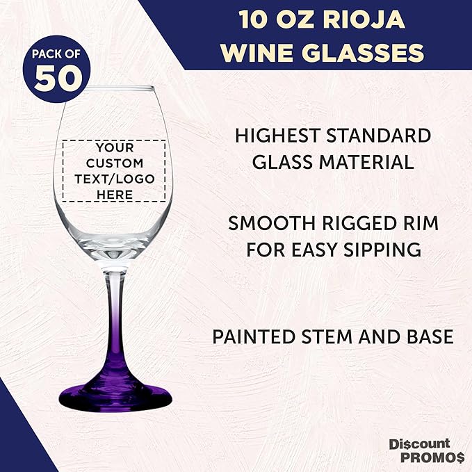 Custom Rioja Wine Glasses with Stem 10 oz. Set of 50, Personalized Bulk Pack - Color Bottom, Perfect for Wedding, Party Favors, Birthday, Bridal Shower Gifts - Purple