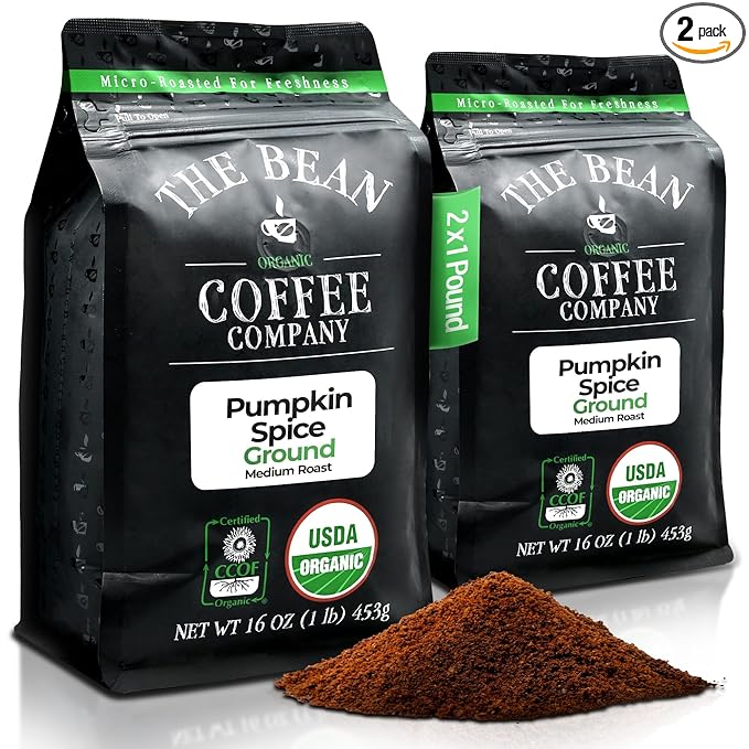The Bean Organic Coffee Company Pumpkin Spice, Medium Roast, Ground Coffee, 16-Ounce Bags (Pack of 2),Café molido tostado organico