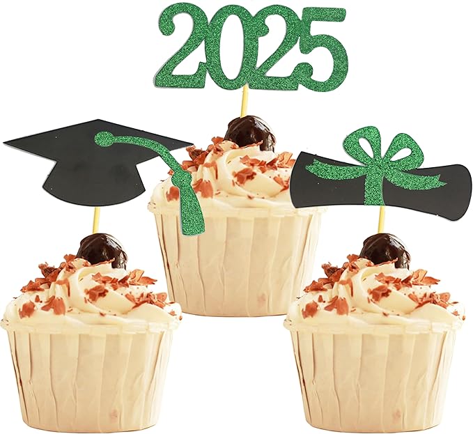 2025 Graduation Cupcake Toppers, 48 PCS Food/Appetizer Picks For Graduation Party Mini Cake Decorations, Diploma, 2025, Grad Cap Set 48 Pieces (04 Green)