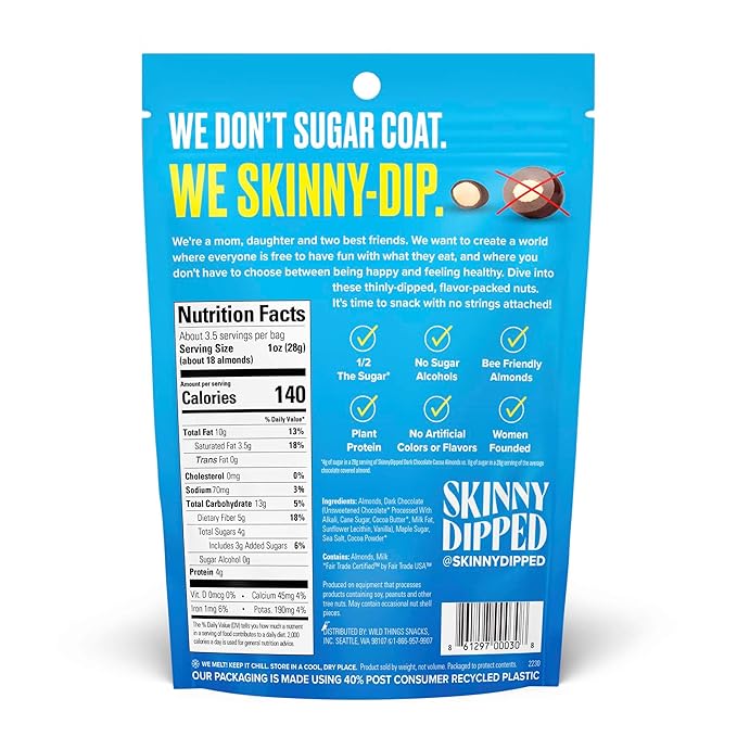 SkinnyDipped Dark Chocolate Cocoa Almonds, Healthy Snack, Plant Protein, Gluten Free, 3.5 oz Resealable Bags (Pack of 5)