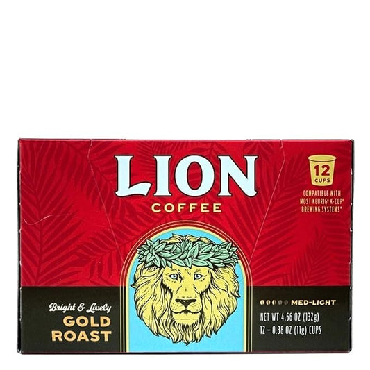Lion Coffee Gold Roast Coffee Pods - Single-Serve Pods - Smooth Medium Roast - Arabica Coffee - Compatible with Single-Serve Brewing Systems - 12 Count Box