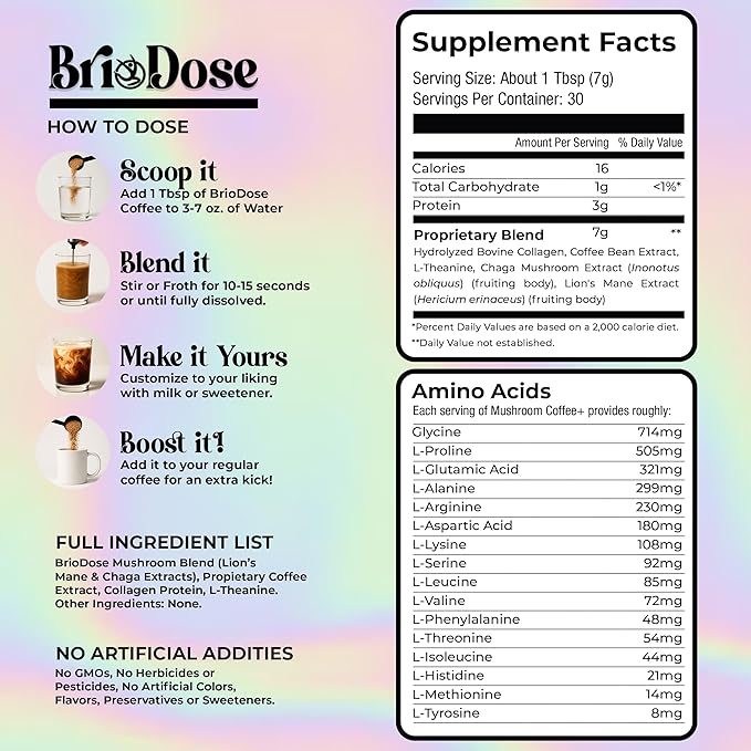 Mushroom Coffee with Grass-Fed Collagen Peptides ??Lion?™s Mane, Chaga & L-Theanine ??45mg Caffeine per Serving Instant Adaptogenic Coffee for Focus, Energy & Skin Health ??30 Servings -NSF Certified