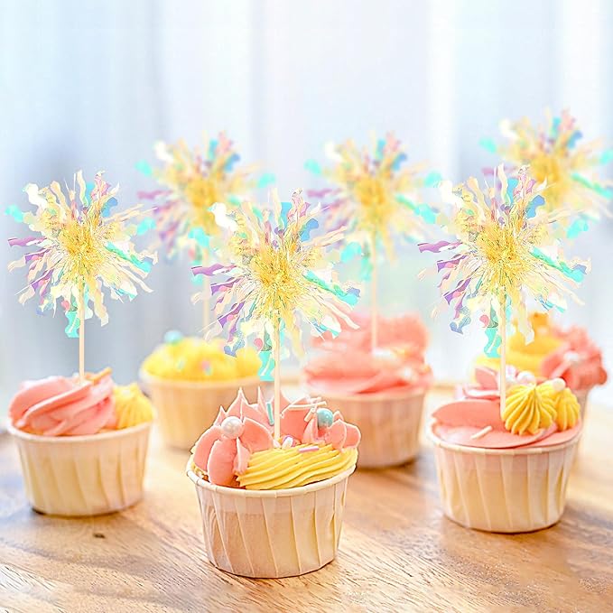 Rsstarxi 30 Pack Firework Cupcake Toppers Sparkle Tinsel Drink Birthday Cake Decorations Cocktail Food Fruit Toothpick for Valentine's Day Wedding Birthday Party Decorations Yellow