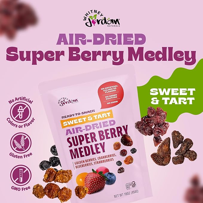 Whitney Jordan Naturals Air-Dried Super Berry Medley | Dried Fruit Snack Made from Real Berries | Non-GMO, Gluten-Free, Vegan, Chewy Real Fruit for Clean Snacking | 16 oz, Pack of 2
