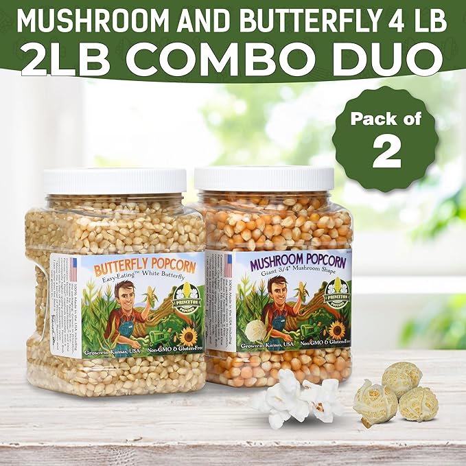 Princeton Popcorn Mushroom & Butterfly Hulless Popcorn Kernels - Half & Half Combo Duo, Easy-Eating, Farm Grown Popping Corn, Non-GMO Popcorn Kernels, No Hulls, Direct from Farmer, Microwave Air Popper or Stovetop 2-Pack 2lb Bag 64oz