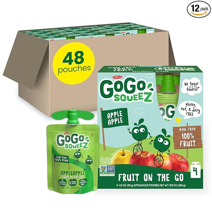 GoGo squeeZ Applesauce and Fruit Puree, Apple Apple, 3.2 oz (Pack of 48), Unsweetened Fruit Snacks for Kids, Gluten Free, Nut Free and Dairy Free, Recloseable Cap, BPA Free Pouches