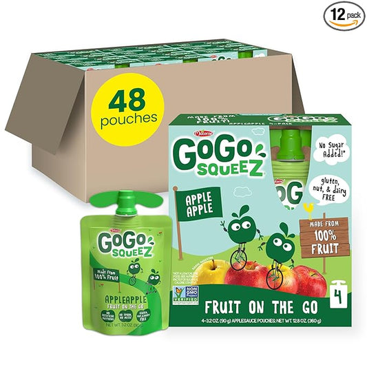 GoGo squeeZ Applesauce and Fruit Puree, Apple Apple, 3.2 oz (Pack of 48), Unsweetened Fruit Snacks for Kids, Gluten Free, Nut Free and Dairy Free, Recloseable Cap, BPA Free Pouches