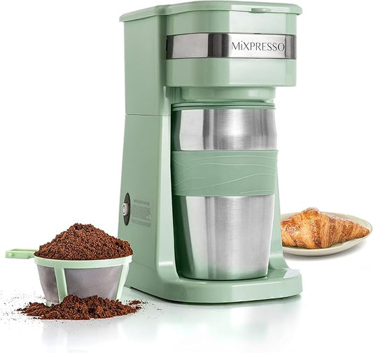 Mixpresso Green Personal Single Serve Coffee Maker with 14oz Travel Mug, Drip Small Coffee Maker with Auto Shut Off, Reusable Filter, Works with Ground Coffee Only ??Not for K-Cup Pods