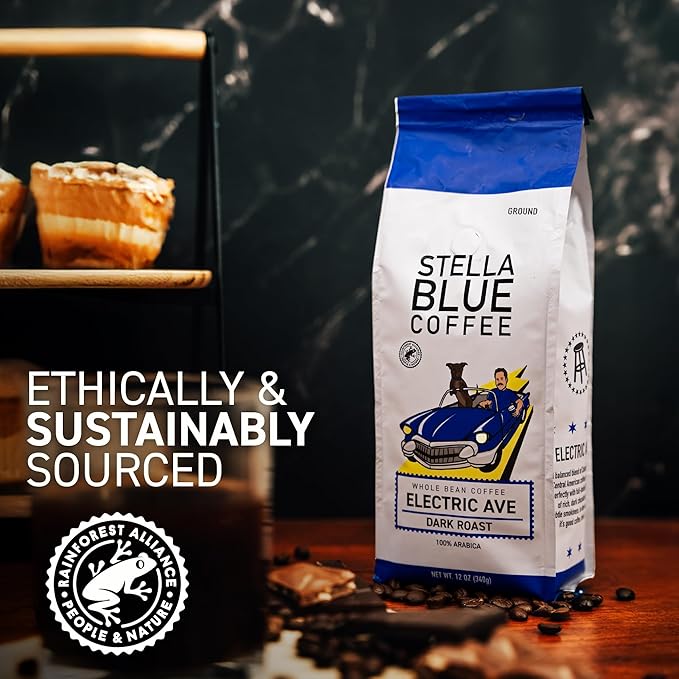 Stella Blue Ground Coffee, Electric Avenue Blend, Dark Roast, Toffee, Dark Chocolate & Subtle Smokiness Notes, 100% Arabica, Ethically Sourced from Central and South America, 12 oz bag