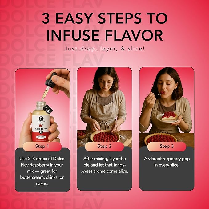 Dolce Flav Natural Raspberry Extract 2 oz ??Kosher, Sugar-Free, Concentrated Tart Raspberry Flavoring for Baking, Beverages & Desserts, Includes Measured Dropper