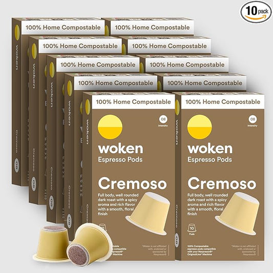 WOKEN COFFEE Compostable Nespresso Pods - Cremoso Dark Roast Italian Espresso Coffee Capsules Compatible With Nespresso Coffee Machine (100 Pod Count, 10 Boxes)