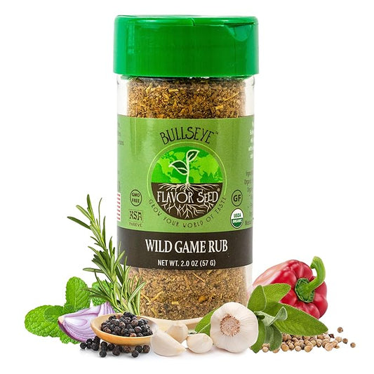 Flavor Seed Bullseye Organic Wild Game Rub - Premium Seasoning for Venison, Elk, Duck, and More - Meat Seasoning Gift for Hunters - Gluten-Free, Non GMO, No MSG, Keto Friendly – 2 oz Shaker Jar
