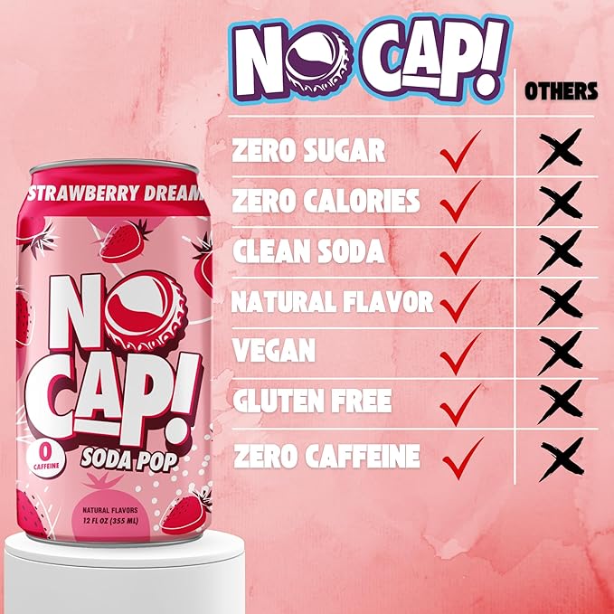 No Cap! Healthy Soda Alternative, Zero Sugar, No Calories, Caffeine Free, Vegan, Gluten Free, For Kids, Teenagers & Adults,12 Oz Cans, 12 Pack, Bussin Berry, Sour Watermelon, Tangy Orange, Strawberry Dream, Apple Rizz (Summer Pack)